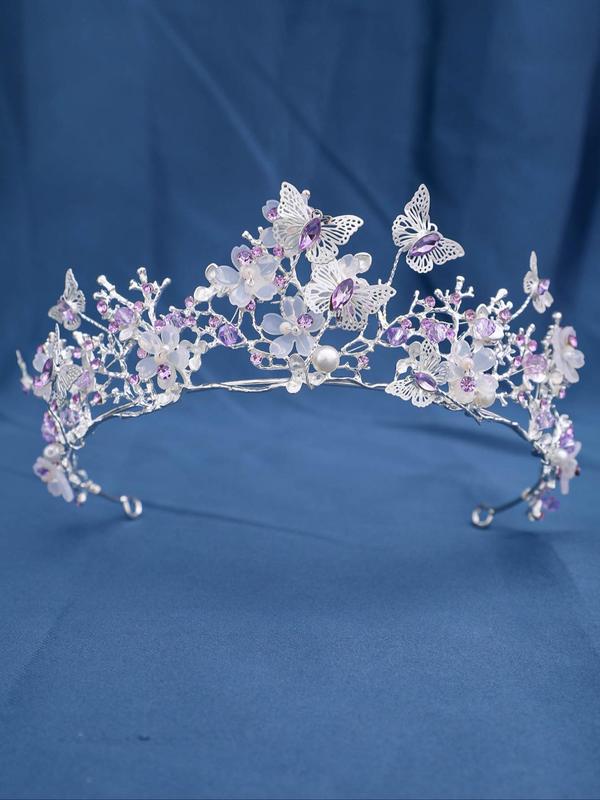 Butterfly & Flower Design Bridal Crown,  Elegant Artificial Crystal Decorated Bridal Headwear, Wedding Accessories for Bridal Party & Wedding