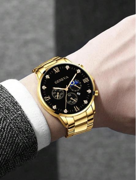 Men Gold Stainless Steel Strap Glamorous Date Rhinestone Decor Round Dial Quartz Watch & 1pc Bracelet, For Daily Life