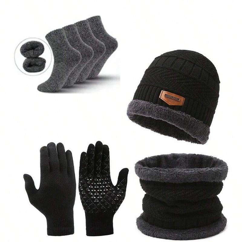 5 Pc Men's Solid Color Winter Warm Integrated Knitted Hat Scarf Glove Winter Warm Socks, Soft Comfortable Windproof Cycling Ear Protection Warm Hat Women's Winter Warm Thickened Knitted Hat Scarf Set, Women Men Couple Winter New Year Presents