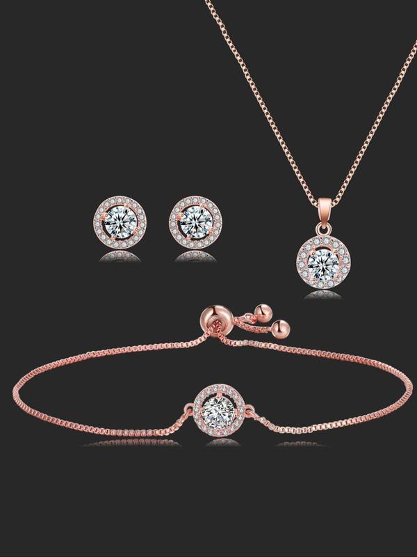 4pcs set Women's Elegant Rhinestone Decorated Pendant Necklace & Stud Earrings & Bracelet, Exquisite Trendy Jewelry, Fashion Jewelry Set for Party Decoration As Gift for Women Without Box