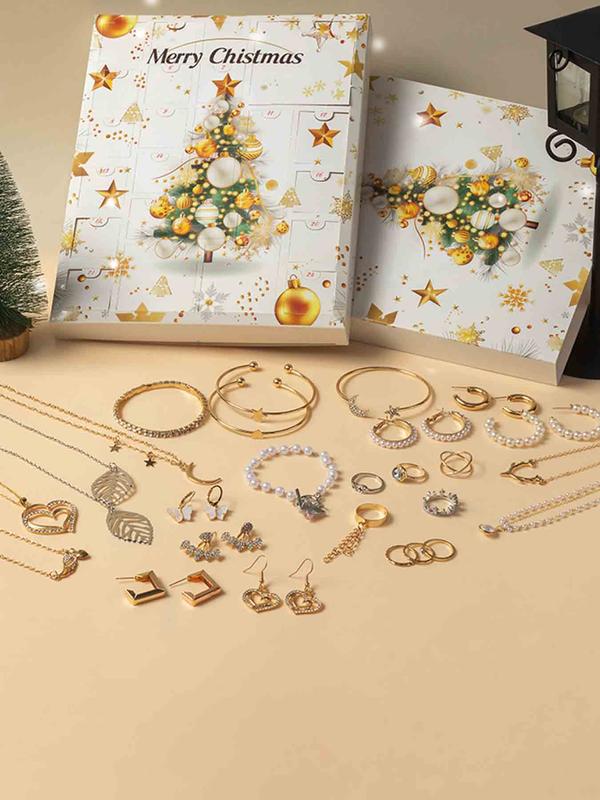 Christmas Themed Jewelry Set Blind Box, Faux Pearl & Star & Leaf & Heart Decor Necklace & Earrings & Bracelet, Fashion Accessories for Women & Girls, with Gift Box