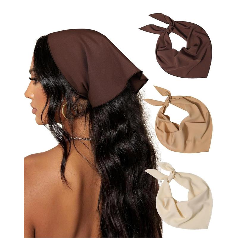 3 Pack Hair Bandanas Head Kerchief for Women Girls Tie-Back Boho Hair Scarf Headband Bandana Triangle Head Scarf (Solid Color - Beige Khaki Brown)