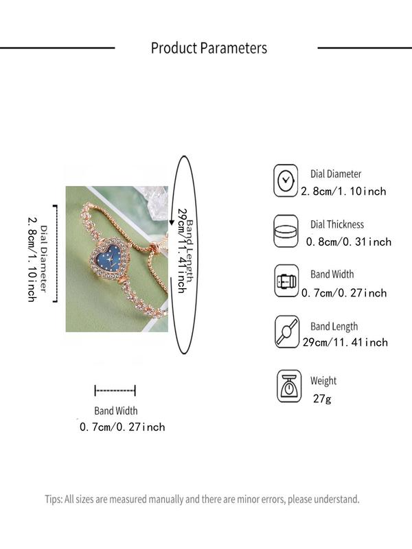 Women's Rhinestone Decor Heart Design Quartz Watch, Fashionable Adjustable Strap 	 Stainless Steel Watch For Women For Gift, Without Box