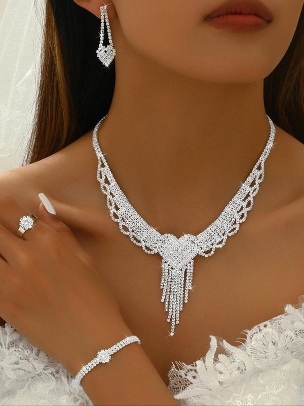 2024 New Style Rhinestone Decorated Jewelry Set, Luxury Elegant Wedding Bridal Jewelry Set, Including Dangle Earrings, Pendant Necklace, Ring & Bracelet