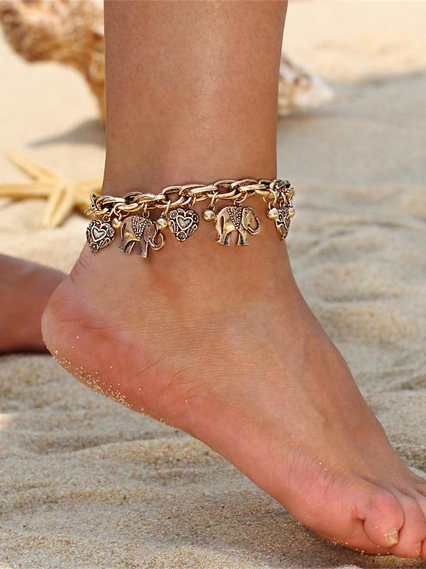 Vintage Elephant & Heart Charm Design Anklet for Women, Casual Adjustable Anklet for Party, Daily Clothing Decor, Trendy All-match & Exquisite Jewelry for Birthday Gift