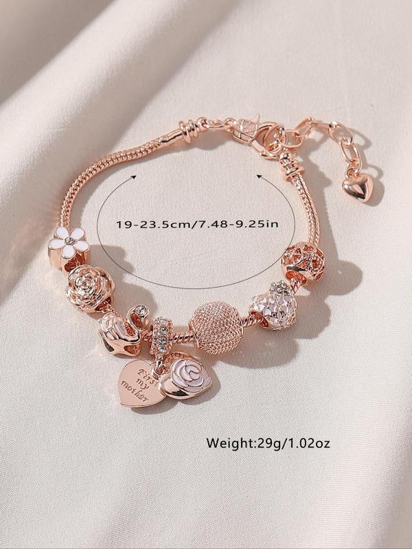 Elegant Heart & Flower Design Charm Matching Bracelets, Exquisite Trendy Beaded Bracelet, Fashionable All-match Iced Out Jewelry for Daily & Party Decoration