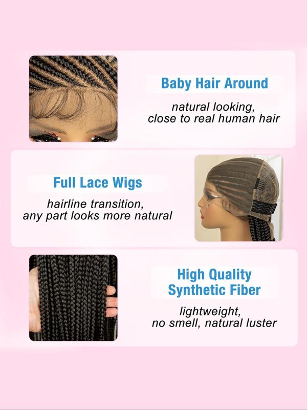 36 Inch Long Cornrow Braided Lace Wigs for Women, Gorgeous Fluffy Wigs with Baby Hair Bangs, Synthetic Braided Full Lace Wigs for Party, Daily Use