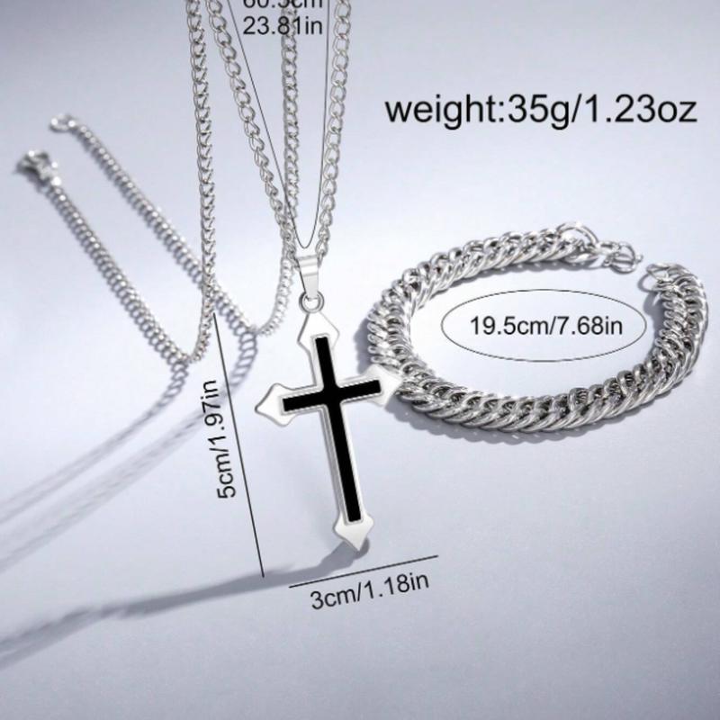 Men's Black Stainless Steel Calendar Casual Sports Quartz Watch Set with Cross Necklace and Bracelet - Best Gift Set for Men