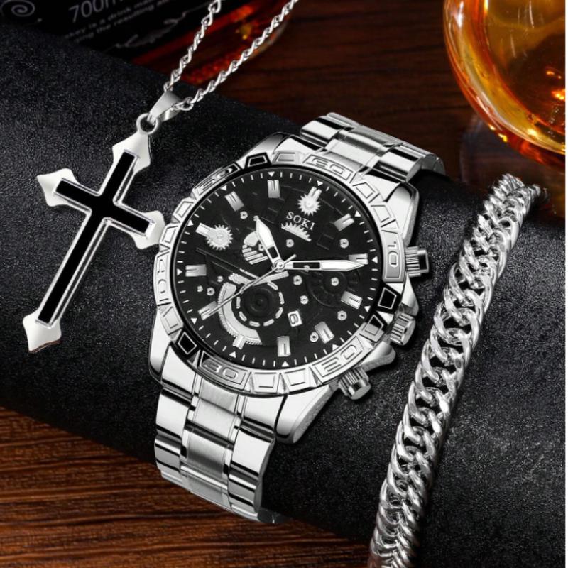 Men's Black Stainless Steel Calendar Casual Sports Quartz Watch Set with Cross Necklace and Bracelet - Best Gift Set for Men