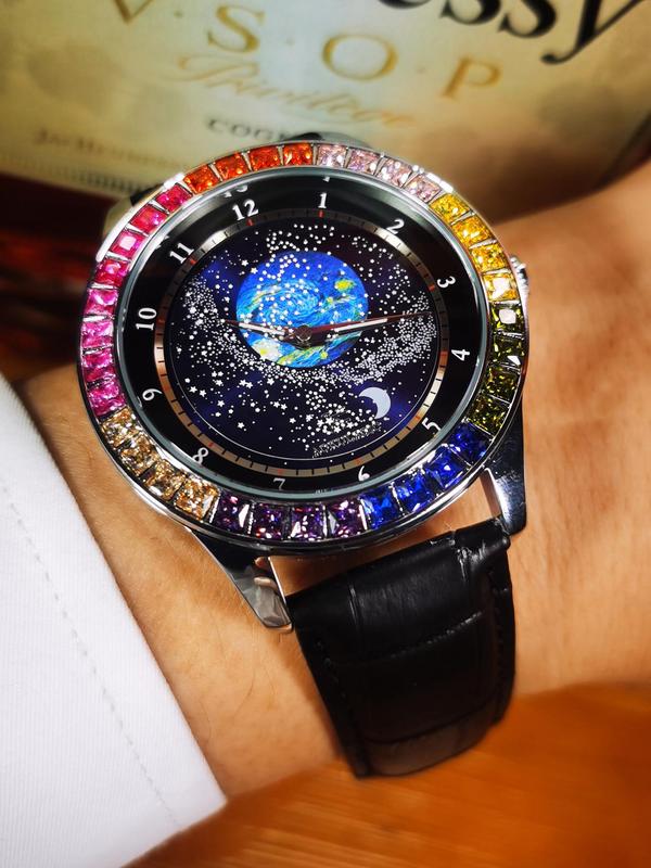 Romantic Rotating Starry Sky Luminous Dial Automatic Mechanical Watch for Men, Rainbow Rhinestone Decor Watch Case Black Genuine Leather Strap Business Wristwatch