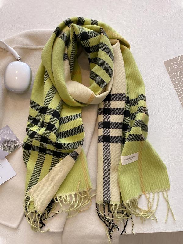 Women's Plaid Print Tassel Decor Scarf, Casual Soft Warm Shawl for Fall & Winter, Fashion Accessories for Daily Wear