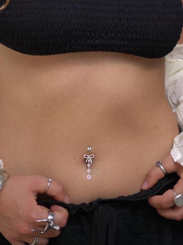 Rhinestone Decorated Belly Ring, Cute Bow & Flower & Heart Design Belly Piercing Jewelry for Women & Girls, Fashion Accessories for Daily Wear