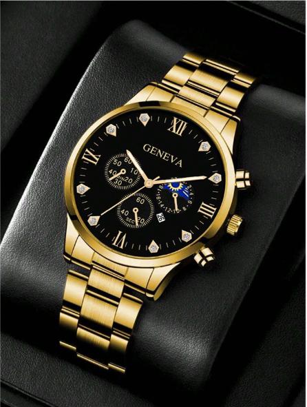 Men Gold Stainless Steel Strap Glamorous Date Rhinestone Decor Round Dial Quartz Watch & 1pc Bracelet, For Daily Life