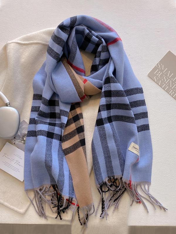 Women's Plaid Print Tassel Decor Scarf, Casual Soft Warm Shawl for Fall & Winter, Fashion Accessories for Daily Wear