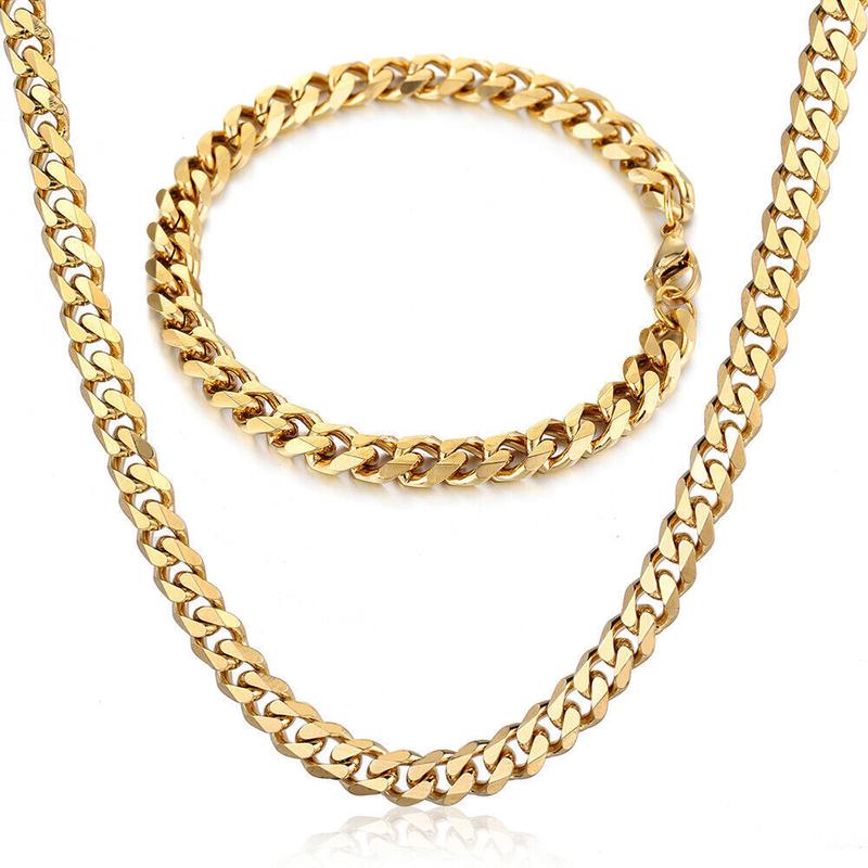 Hermah 3 5 7mm Jewelry Set Gold Plated Stainless Steel Curb Chain Necklace Bracelet 8-24