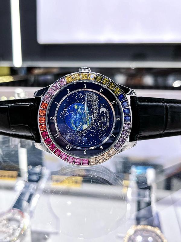 Romantic Rotating Starry Sky Luminous Dial Automatic Mechanical Watch for Men, Rainbow Rhinestone Decor Watch Case Black Genuine Leather Strap Business Wristwatch