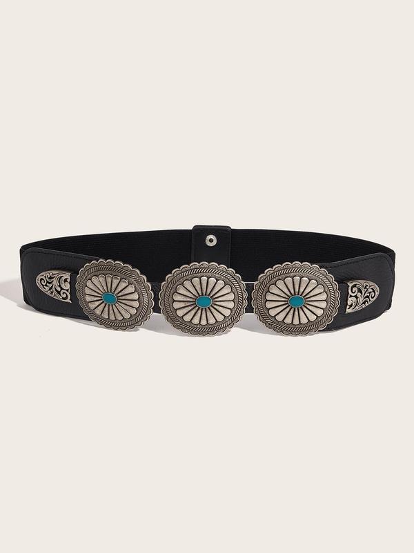 Women's Ethnic Pattern Western Belt, Boho Style Turquoise Decorated Oval Design Belt for Women, Fashion Accessories for Daily Wear