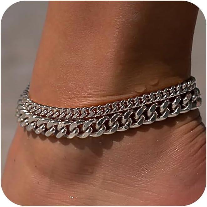 FREEKISS Ankle Bracelets For Women Waterproof Chunky Cuban Link Chain Ankle Bracelet Trendy Large Layer Anklet Set Jewelry Gift