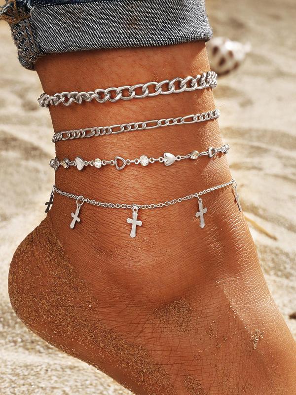 Fashion Cross Charm Anklet for Women & Girls (4pcs), Style Rhinestone Inlaid Fashion Foot Jewelry for Party, Daily Clothing Decor, Trendy All-match & Exquisite Jewelry for Birthday Gift