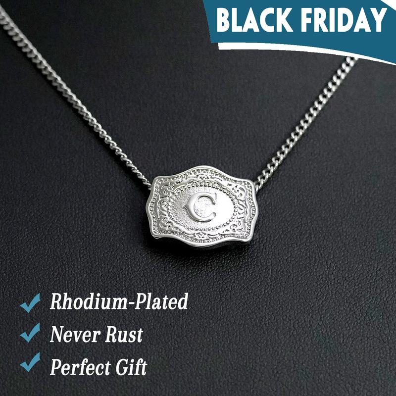 Holylegend Initial Letter Pendant Necklaces with Embossed Belt Buckle, Rhodium-Plated,Get 1 Free Chain