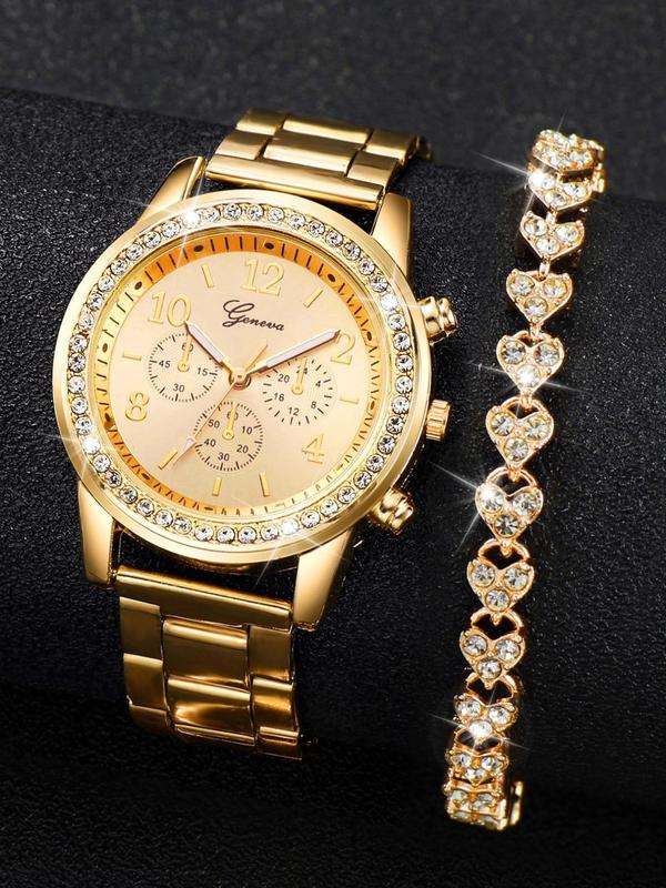 Elegant Fashion Rhinestone Decor Round Dial Quartz Watch & Heart Design Bracelet, 2pcs Trendy All-match & Exquisite Watch Set for Birthday Gift without Box