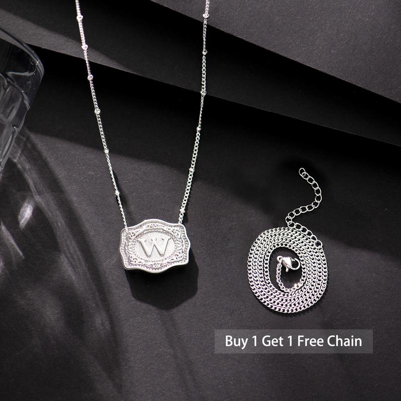 Holylegend Initial Letter Pendant Necklaces with Embossed Belt Buckle, Rhodium-Plated,Get 1 Free Chain