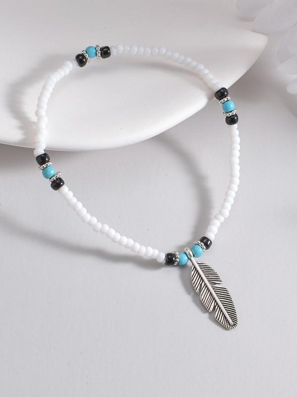 Boho Style Feather Charm Turquoise Texture Decorated Anklet, Fashion Jewelry for Party & Daily Decor, Trendy All-match & Exquisite Jewelry for Birthday Gift