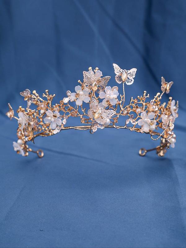 Butterfly & Flower Design Bridal Crown,  Elegant Artificial Crystal Decorated Bridal Headwear, Wedding Accessories for Bridal Party & Wedding