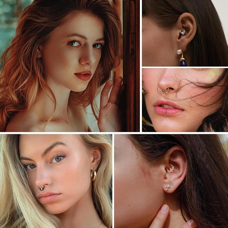 Besteel 12Pcs Septum Rings 16G Daith Earrings Nose Rings Hoop Stainless Steel CZ Opal Cartilage Helix Tragus Earrings Septum Clicker Piercing Jewelry Silver Black Rose Gold