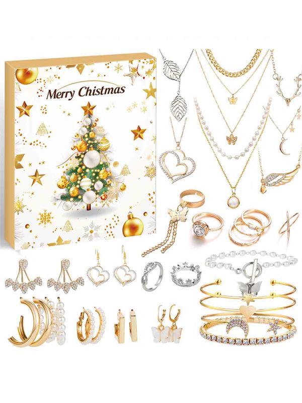 Christmas Themed Jewelry Set Blind Box, Faux Pearl & Star & Leaf & Heart Decor Necklace & Earrings & Bracelet, Fashion Accessories for Women & Girls, with Gift Box