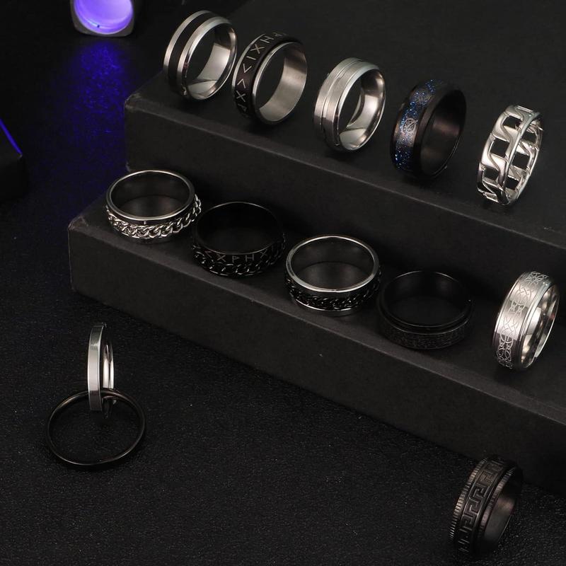 FLORIDECO 12PCS Stainless Steel Band Rings for Men Women Fidget Spinning Chain Ring Fidget Ring Anxiety Relief Ring for Men Fashion Simple Wedding Engagement Black Ring Set Size 7-13 Daily