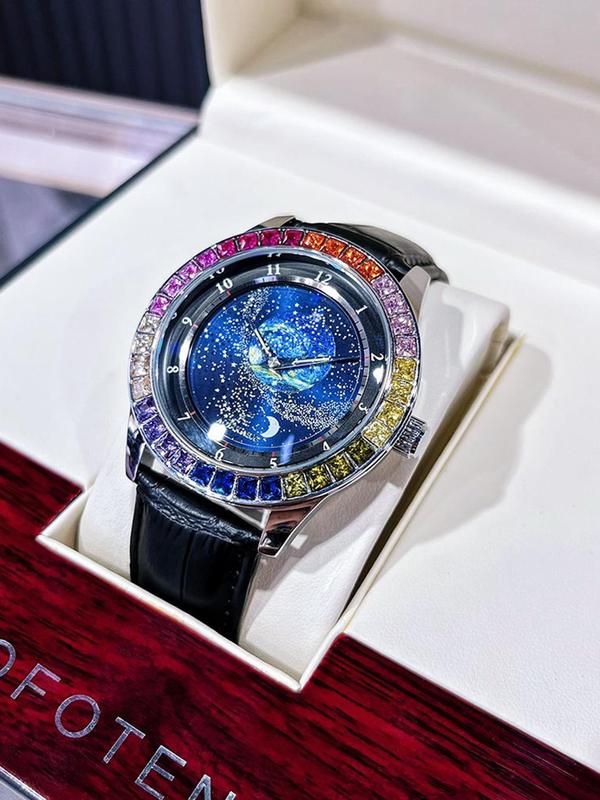 Romantic Rotating Starry Sky Luminous Dial Automatic Mechanical Watch for Men, Rainbow Rhinestone Decor Watch Case Black Genuine Leather Strap Business Wristwatch