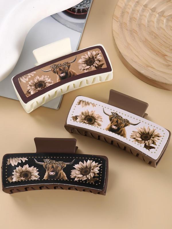 Vintage Sunflower & Cow Print Hair Claws As Gift, 3pcs Fashion Hair Accessories for Women & Girls, Ideas Valentine Gifts, Casual Versatile Hair Accessories for Daily Wear