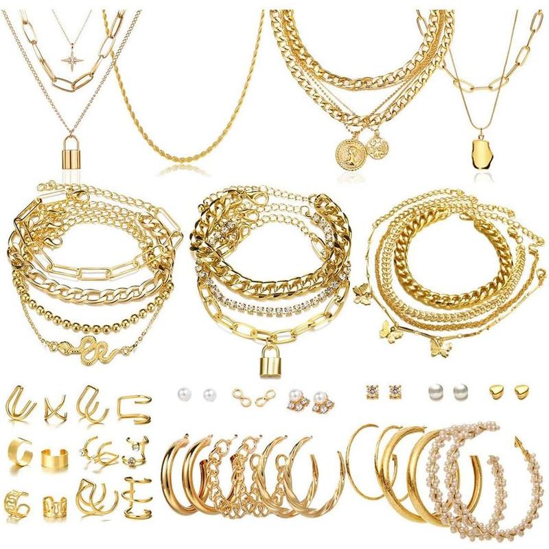 46 Pcs  Jewelry Set with 11Pcs Necklace, 11 Pcs anklet and 18 Pcs Earring Ear Cuff,6Hoop Earrings for Women Fashion Indie Costume Jewerly Pack for Friendship Party Gift