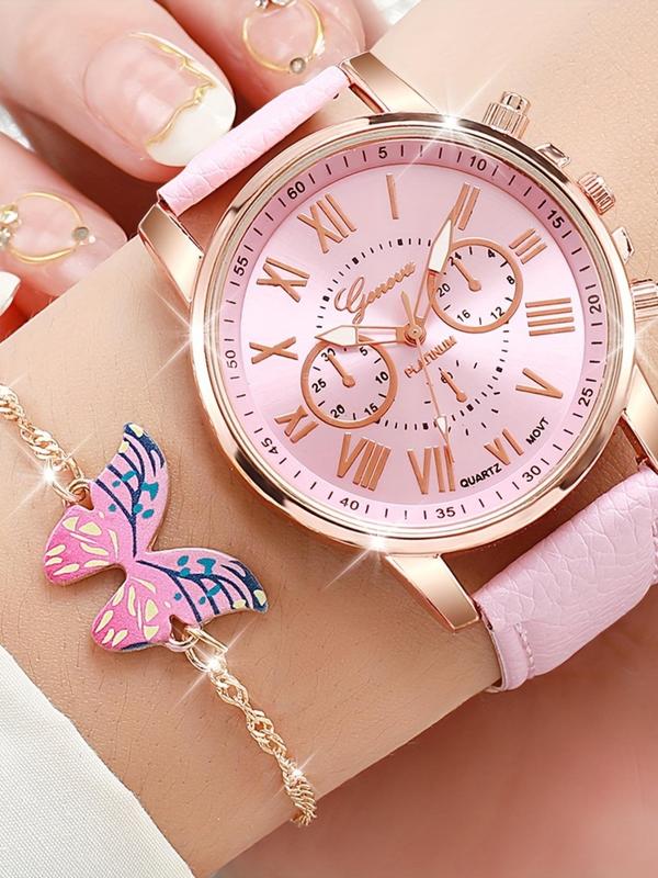 Women's Elegant Quartz Watch &  Jewelry Set, Including Round Dial Watch & Butterfly Design Bracelet & Necklace & Earrings, Fashion Watch Set for Women As Gift without Box