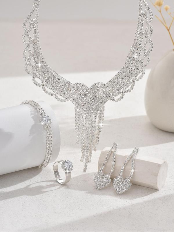 2024 New Style Rhinestone Decorated Jewelry Set, Luxury Elegant Wedding Bridal Jewelry Set, Including Dangle Earrings, Pendant Necklace, Ring & Bracelet