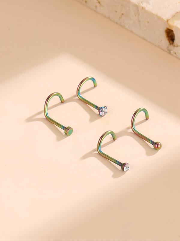 Rhinestone Decorated Nose Studs, Stainless Steel Nose Rings, Body Jewelry for Women & Girls, Trendy All-match & Exquisite Jewelry for Birthday Gift