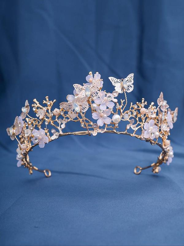 Butterfly & Flower Design Bridal Crown,  Elegant Artificial Crystal Decorated Bridal Headwear, Wedding Accessories for Bridal Party & Wedding