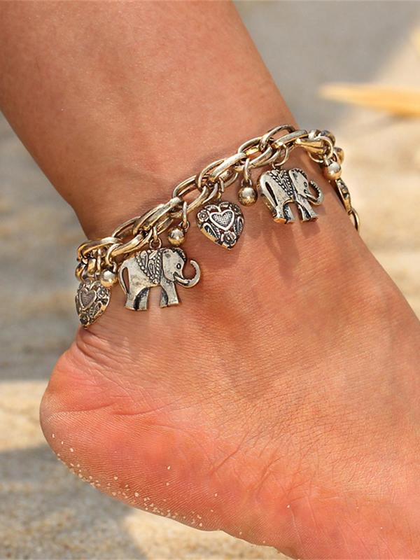 Vintage Elephant & Heart Charm Design Anklet for Women, Casual Adjustable Anklet for Party, Daily Clothing Decor, Trendy All-match & Exquisite Jewelry for Birthday Gift