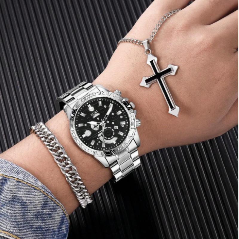 Men's Black Stainless Steel Calendar Casual Sports Quartz Watch Set with Cross Necklace and Bracelet - Best Gift Set for Men