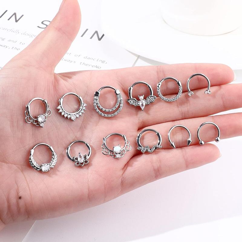 Besteel 12Pcs Septum Rings 16G Daith Earrings Nose Rings Hoop Stainless Steel CZ Opal Cartilage Helix Tragus Earrings Septum Clicker Piercing Jewelry Silver Black Rose Gold