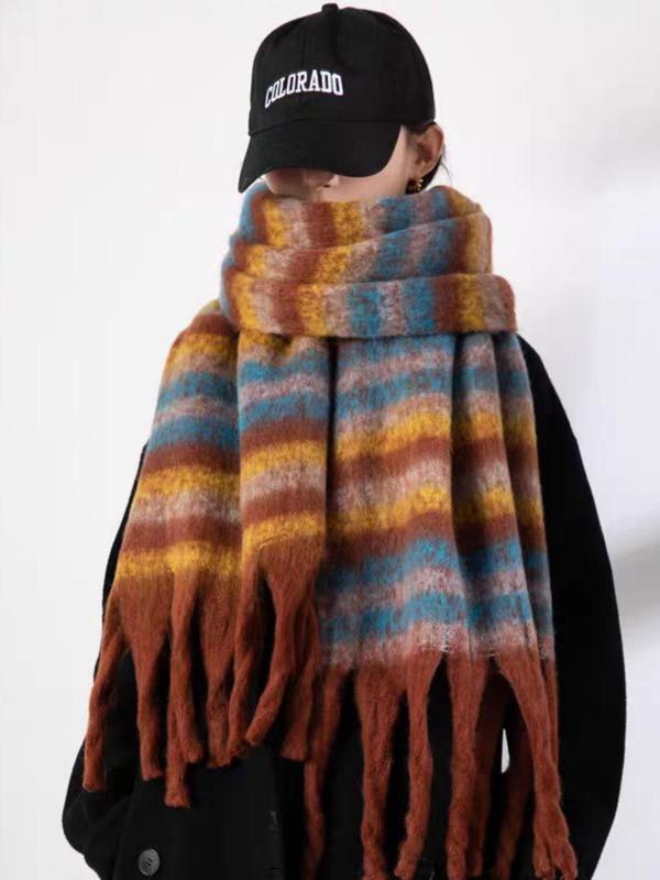 Colorblock Striped Pattern Tassel Decor Scarf, Casual Soft Warm Shawl for Fall & Winter, Fashion Accessories for Women & Men