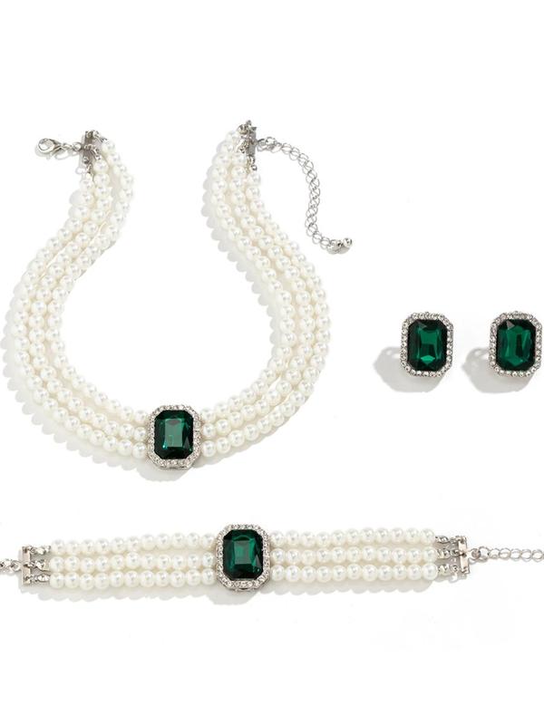 Women's Elegant Fashion Rhinestone & Artificial Gemstone Decor Jewelry Set, Exquisite Trendy Faux Pearl Decorated Layered Necklace & Bracelet & Earrings, Fashion Accessories for Party & Daily Decor