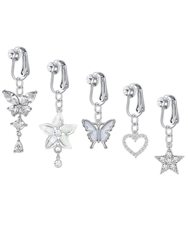 Rhinestone & Butterfly Decor Non-piercing Belly Button Rings, 5counts Belly Piercing Jewelry for Party, Daily Clothing Decor for Girl, As Birthday Gift for Back To School