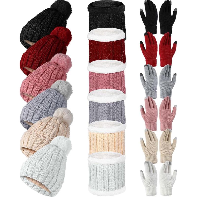 18 count Winter Beanie Hat Scarf Gloves Set for Women Include 6 count Knit Hat Warm Beanie with Pompom 6 count Fleece Lined  Warmer 6 Pair Warm Touchscreen Gloves for Women Gifts Christmas