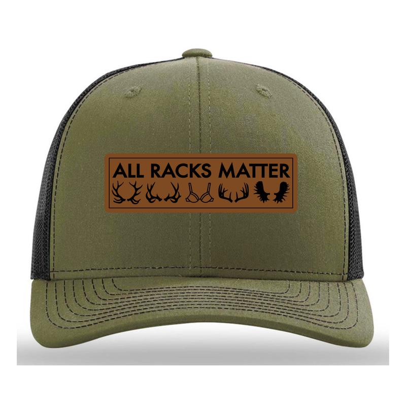 All Racks Matter Hat, Gag Hat, Deer Hunting Hat, Hunting Hat, leather patch trucker hat, cap daddy, LODEN BLACK