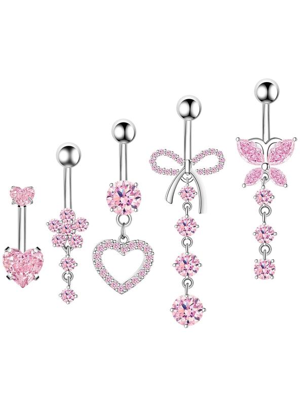 Rhinestone Decorated Belly Ring, Cute Bow & Flower & Heart Design Belly Piercing Jewelry for Women & Girls, Fashion Accessories for Daily Wear