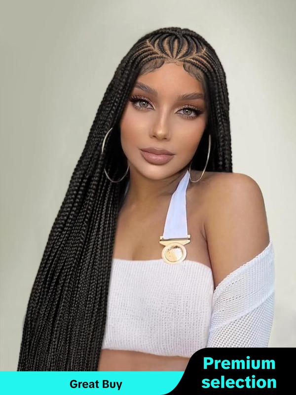 36 Inch Long Cornrow Braided Lace Wigs for Women, Gorgeous Fluffy Wigs with Baby Hair Bangs, Synthetic Braided Full Lace Wigs for Party, Daily Use