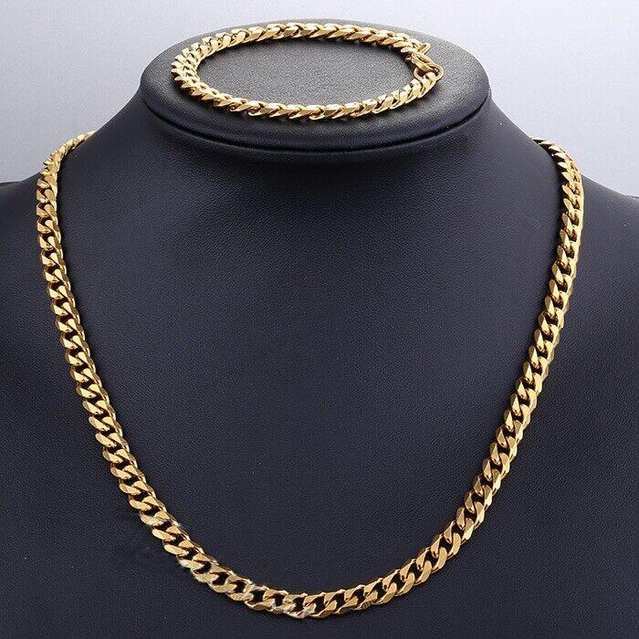 Hermah 3 5 7mm Jewelry Set Gold Plated Stainless Steel Curb Chain Necklace Bracelet 8-24