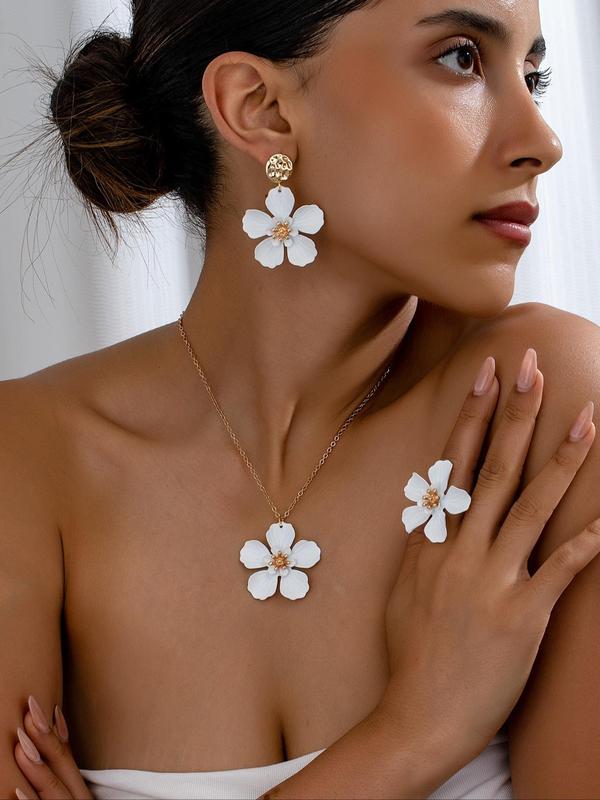 Elegant Flower Themed Design Dangle Earrings & Adjustable Pendant Necklace & Ring, Trendy All-match & Exquisite Jewelry Set for Women As Gift